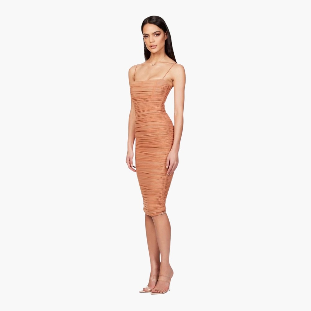 Nookie Mecca Midi Dress Ruched Mesh Tan Women's Size XS